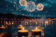 © Vovmar - Lit candles floating on a river with fireworks and illuminations in the background. Diwali festival concept in India