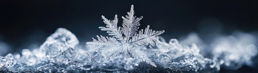 Poster - A close-up shot of a delicate snowflake resting on ice, showcasing intricate patterns and sparkling details against a dark background.