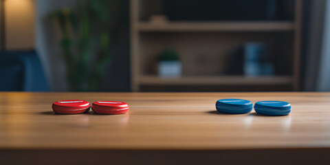 Minimalist close-up of a red and blue round button side by side on a neutral surface, symbolizing contrast or opposition.
