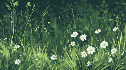 Wall Mural - A picture showing green grass and flowers. It's a collection of grass drawn in a simple style.  It looks like spring grass or a green lawn.  It's a summery nature scene.