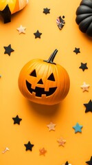 Cheerful Pumpkin with a Wide Smile Surrounded by Colorful Candy Stars Perfect for Halloween and Fall Celebrations