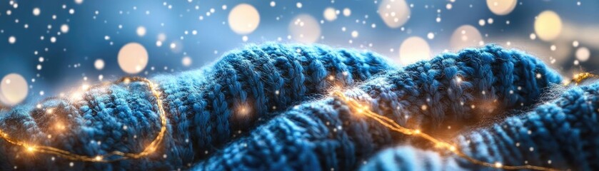 Poster - Soft blue knit fabric with sparkling lights creates a cozy winter atmosphere, perfect for holiday-themed designs.