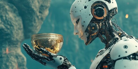 A futuristic robot holds a glowing bowl, symbolizing the intersection of technology and spirituality in a surreal landscape.