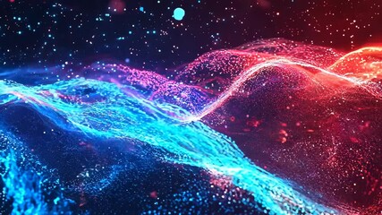Fototapete - Abstract digital background with red and blue glowing waves of data curves.
