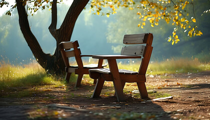 Artistic view of wooden bench outdoors in tree shadow