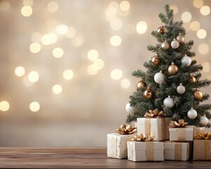 frosted christmas tree with golden ornaments and presents