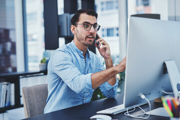 Poster - Office, man and conversation on computer with phone call for consultation and assistance as IT specialist. Male person, employee and reading on pc in desk for communication, networking and connection