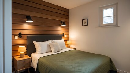 modern bedroom with a minimalist design. The room features a wooden accent wall with horizontal planks, adding a rustic touch