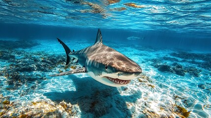 Wall Mural - dangerous sharks , most dangerous sharks in the world , shark attacks in tropical waters , marine ecosystem 