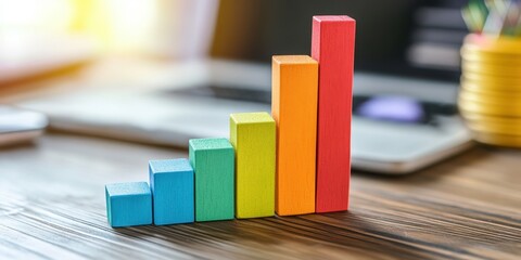 Colorful wooden blocks arranged in a bar graph illustration, symbolizing growth, progress, and data analysis in a workspace.