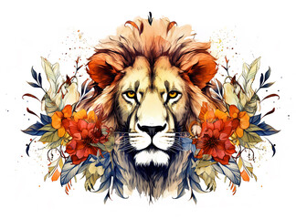 Wall Mural - Image of a lion head with colorful tropical flowers on white background. Wildlife Animals.