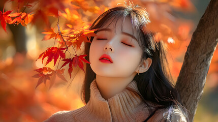 Autumn Beauty: Woman in Red Leaves