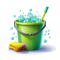 3d realistic vector icon. Green plastic bucket and with colorful bubbles and gloves for floor mopping. bucket for cleaning and washing.
