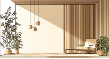 Design interior with armchair and wood slat walls. Scandinavian decor and soft furniture chair with an editable stroke. Doodle modern illustration.