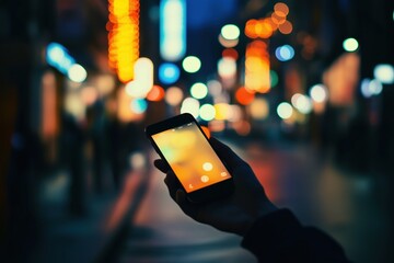 hand holding smartphone in the front of a street at night