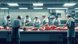 © Lamina - Workers in a meat processing facility carefully cut and prepare large cuts of meat on stainless steel tables under bright, hygienic lighting.