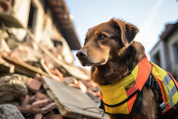 Wall Mural - Rescue dog searcher on the ruins of a building after an earthquake generative AI concept