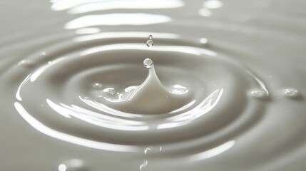 Poster - a close-up of a single droplet creating ripples in a smooth white surface, capturing the moment of i