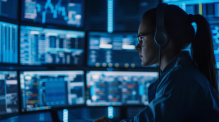 female security engineer is working at her desk, surrounded by multiple computer screens displaying various cybersecurity crime scenes and digital mockups of complex systems.