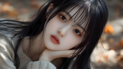 Wall Mural - Beautiful Girl with Long Black Hair