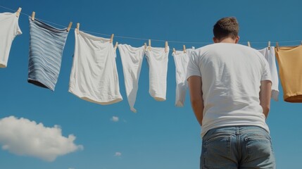 Sticker - A man standing in front of a clothes line with laundry hanging on it, AI