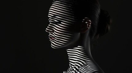 Poster - Dramatic play of light and shadow on a woman's profile, creating striking striped patterns in a dark studio setting
