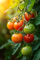 Colorful cherry tomatoes ripening on the plant in an organic home garden.