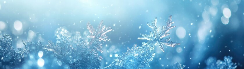 Poster - Beautiful snowflakes on a shimmering blue background, capturing the essence of winter's magic and serenity.