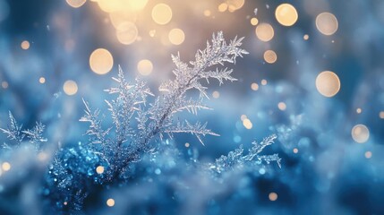 Poster - A serene winter scene featuring frosty branches and sparkling bokeh lights, evoking a magical, tranquil atmosphere.