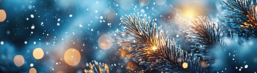 Aufkleber - Enchanting winter scene featuring snowflakes, glowing lights, and frosty pine branches, perfect for holiday-themed projects.