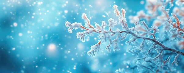 Poster - A frosty branch adorned with delicate snowflakes, set against a dreamy blue background, capturing the essence of winter's beauty.