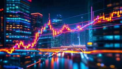 Wall Mural - Vibrant neon financial data flows through a lively urban nightscape, embodying the pulse of contemporary economics and city life