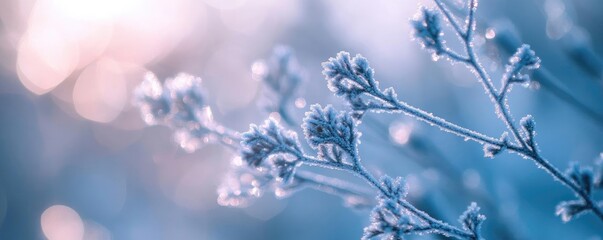 Poster - A serene winter scene showcasing frosty branches sparkling in soft blue hues, evoking feelings of tranquility and cold beauty.