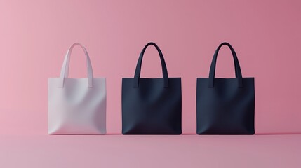 Wall Mural - Stylish tote bags displayed against a soft pink backdrop showcasing modern design and color variations in a minimalist setting