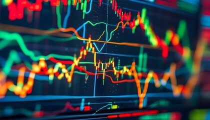 Vibrant closeup of a glowing stock market display showcasing dynamic charts and graphs, representing economic trends and market fluctuations