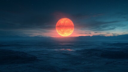 Wall Mural - A large red sun is in the sky above a large body of water