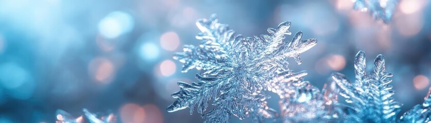Poster - Close-up of delicate snowflakes shimmering in soft winter light, creating a serene and magical winter wonderland atmosphere.
