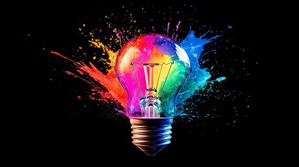 Poster - Creative light bulb explosion with vibrant paint splashes on black background symbolizing innovation and the concept of thinking differently, unique ideas, and imagination