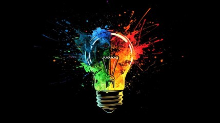Poster - creative light bulb explosion with vibrant paint splashes on black background symbolizing innovation