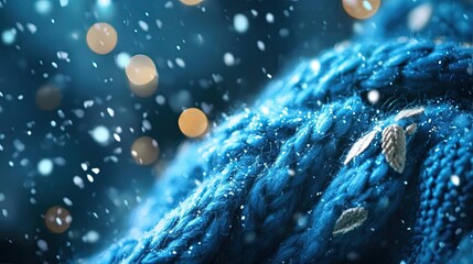 Poster - A close-up of a cozy blue knitted fabric with shimmering snowflakes and warm bokeh lights, evoking winter comfort and tranquility.