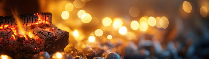 Poster - A close-up of glowing embers with soft bokeh lights in the background, creating a warm and inviting atmosphere.