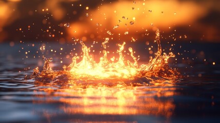 A splash of water with a bright orange sun in the background