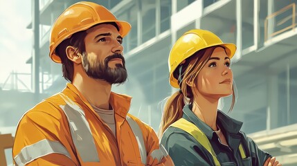  Two construction workers in safety gear and helmets, standing side by side, observing construction site with focus and determination.