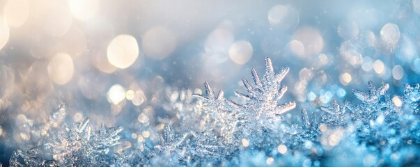 Poster - A close-up of shimmering snowflakes on a frosty surface, capturing the beauty of winter's delicate details and sparkling light.