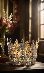 low key image of beautiful queen/king crown. vintage filtered. fantasy medieval period. selective focus. ai generative