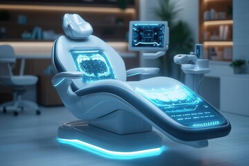 Wall Mural - sleek dental office interior holographic tooth projections robotic arms performing procedure patient relaxing in hightech chair