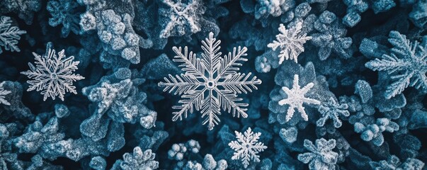 Poster - A stunning aerial view of intricate snowflakes resting on a deep blue background, showcasing winter's delicate beauty.