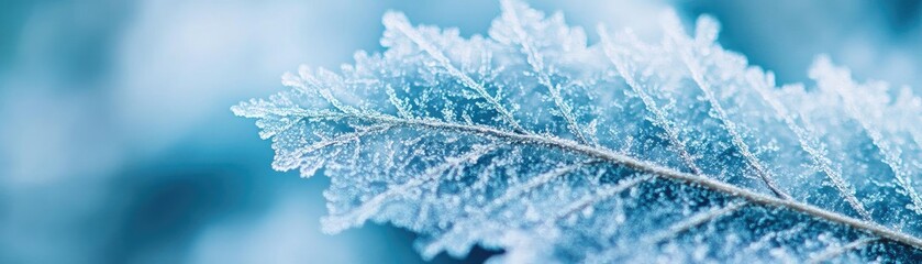 Poster - A close-up of a frosted leaf, showcasing intricate ice crystals and a serene blue background, capturing the beauty of winter.