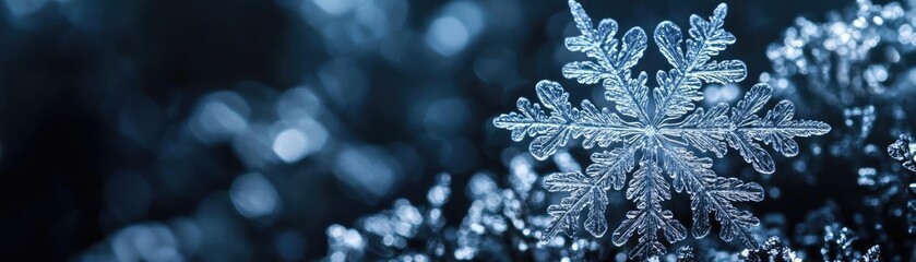 Poster - A close-up of a delicate snowflake, showcasing intricate details against a shimmering blue background, embodying the beauty of winter.