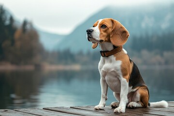 Wall Mural - In Slovenia's Julian Alps, a beagle dog sits on a wooden deck, looking out at the beautiful lakes and mountains of Lake Bled (Blejsko jezero)